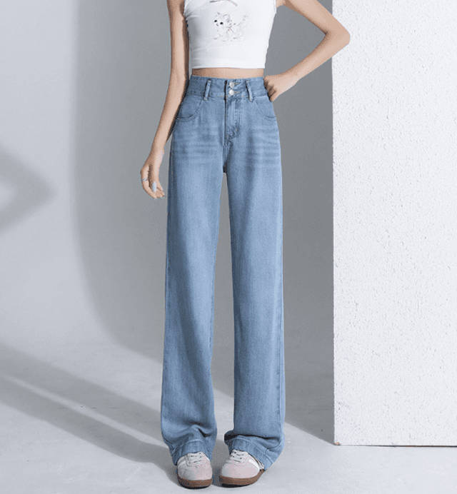 骨格ストレートWボタン美脚ワイドレックデニムパンツ