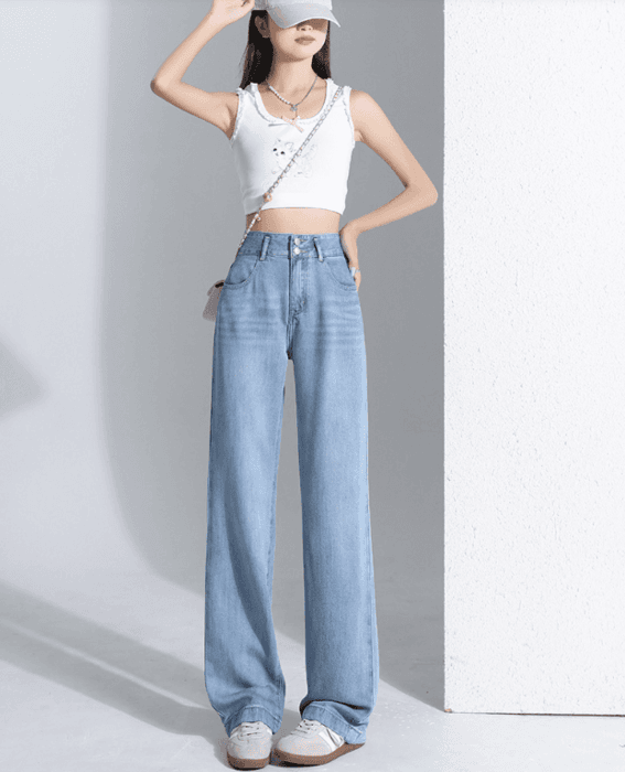 骨格ストレートWボタン美脚ワイドレックデニムパンツ