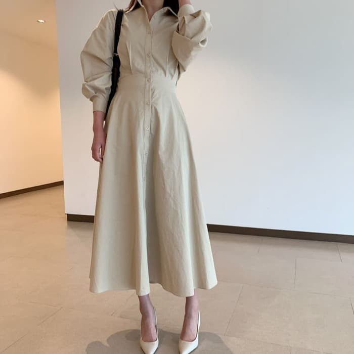 骨格ストレートウエストタックカラーワンピース