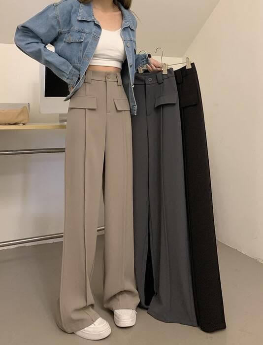 骨格ストレートフロントフラップポケットワイドパンツ