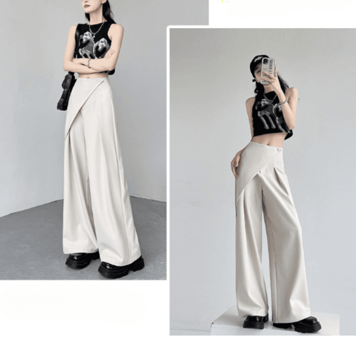 骨格ストレートアシンメトリーラップデザインワイドパンツ