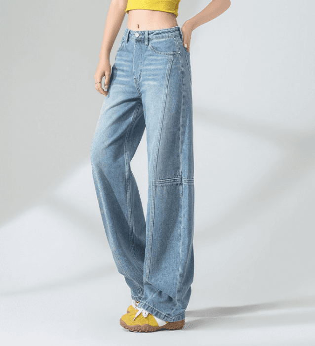 骨格ストレート切り替えステッチワイドデニムパンツ