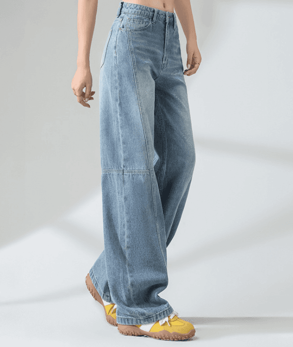 骨格ストレート切り替えステッチワイドデニムパンツ