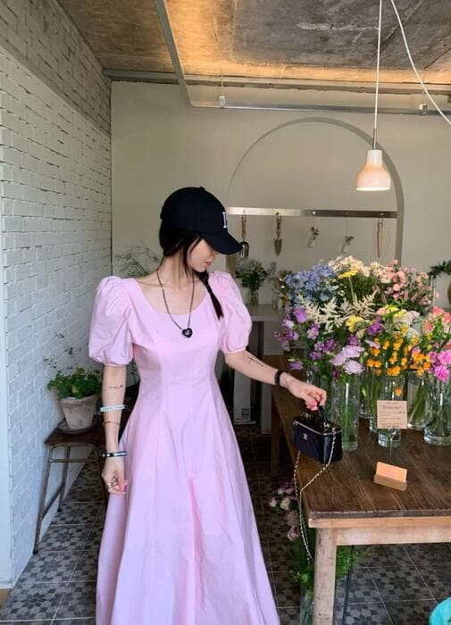 骨格ストレートパフスリーブロングワンピース