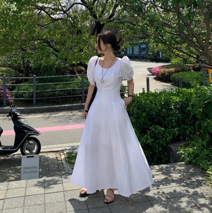 骨格ストレートパフスリーブロングワンピース