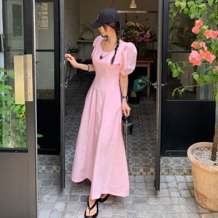 骨格ストレートパフスリーブロングワンピース