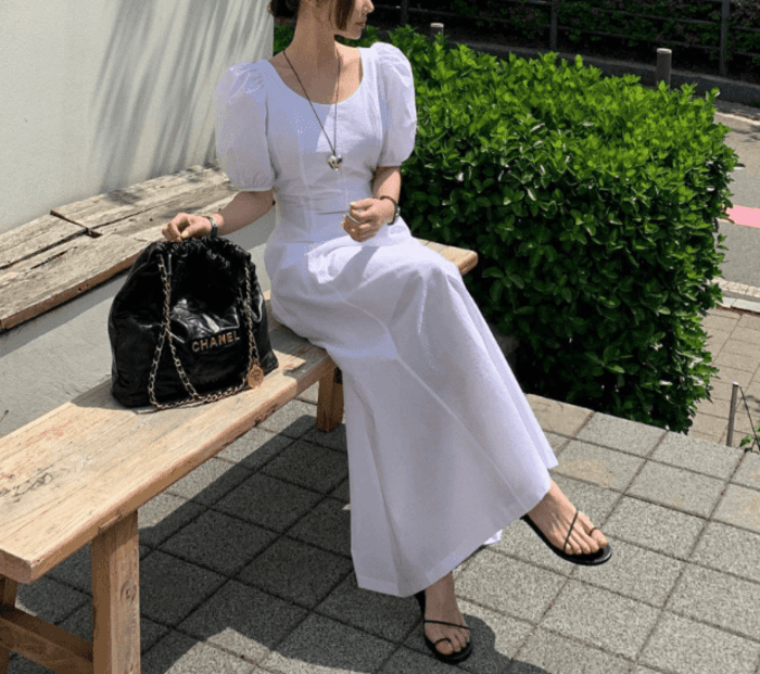 骨格ストレートパフスリーブロングワンピース