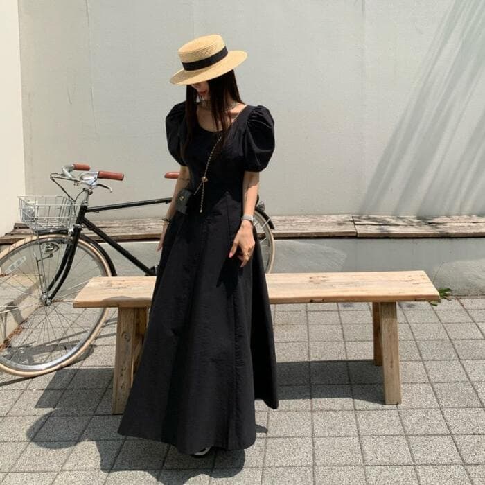 骨格ストレートパフスリーブロングワンピース