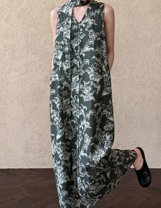 骨格ストレートVネッククラシカルフラワープリントノースリーブロングワンピース