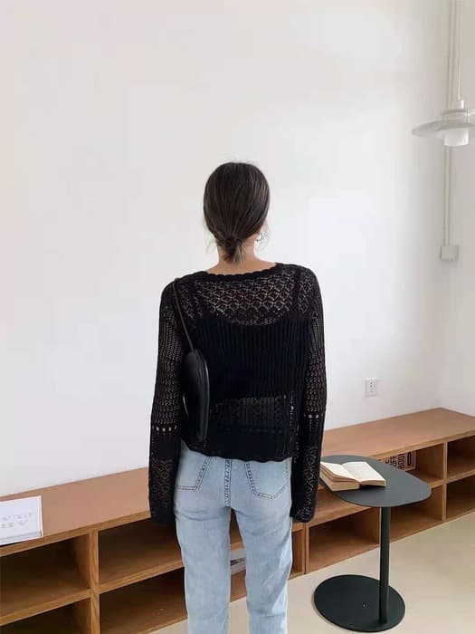 骨格ストレート透け編みニットトップス