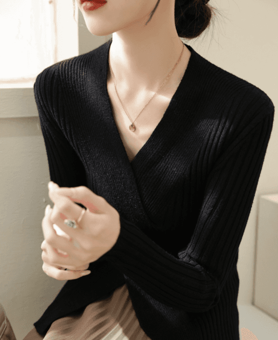 骨格ストレートカシュクールニットトップス