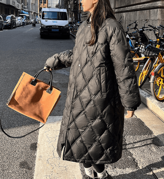 骨格ストレートダイヤ柄ステッチダウンロングコート