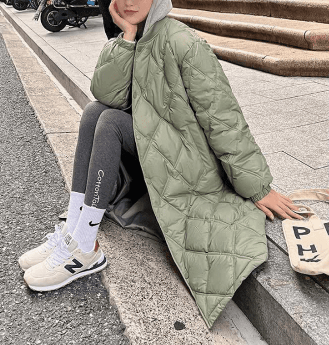 骨格ストレートダイヤ柄ステッチダウンロングコート