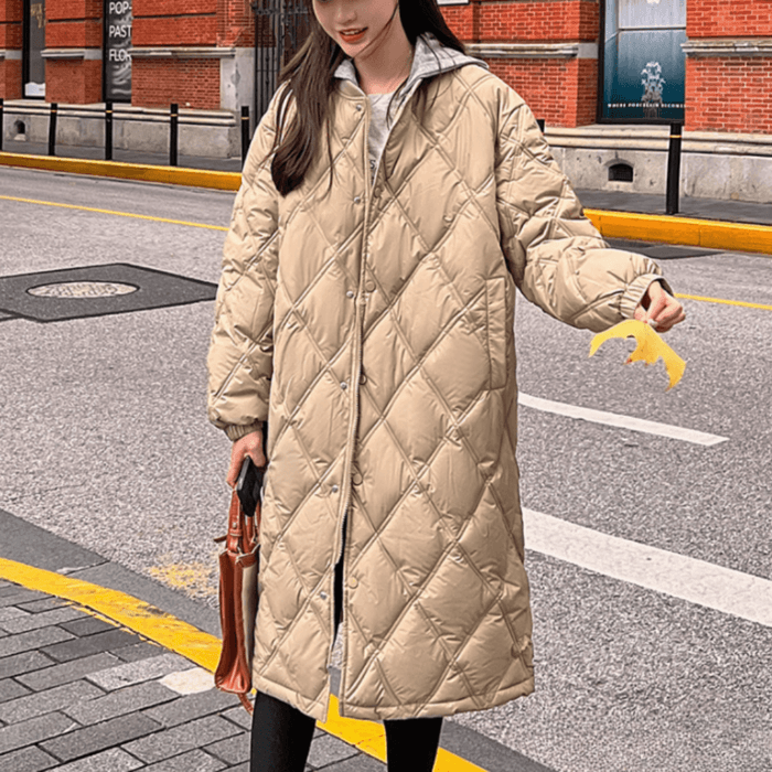 骨格ストレートダイヤ柄ステッチダウンロングコート