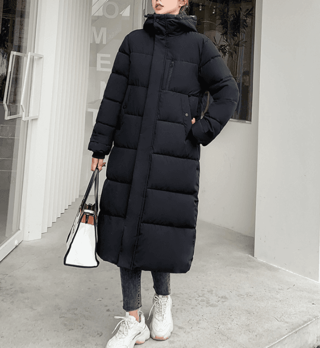 骨格ストレートフード付きロングダウンコート