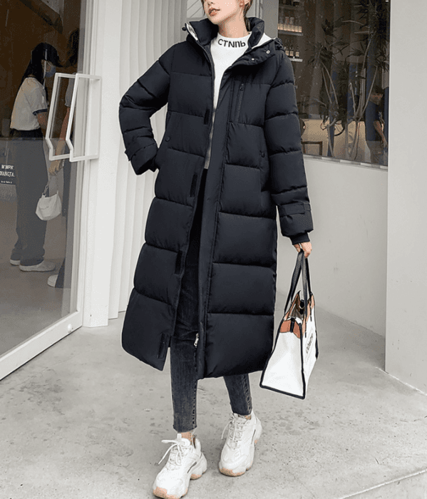 骨格ストレートフード付きロングダウンコート