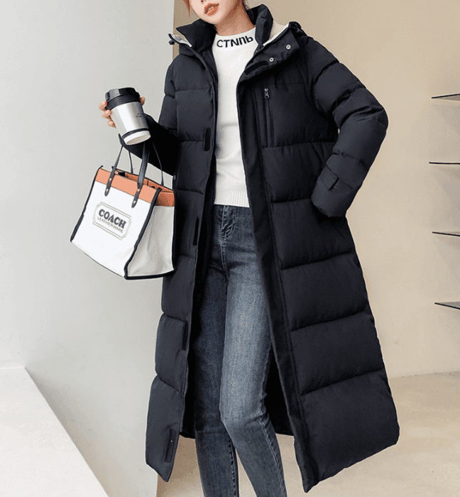 骨格ストレートフード付きロングダウンコート