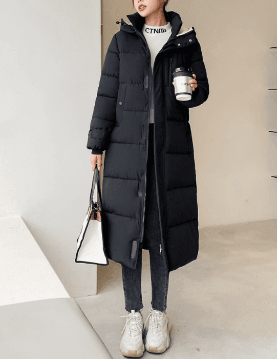 骨格ストレートフード付きロングダウンコート