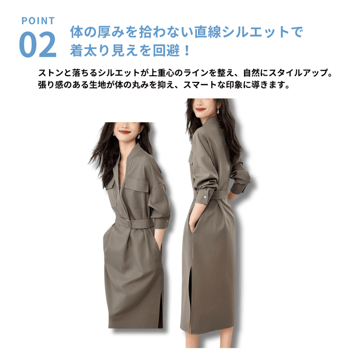 骨格ストレートバンドカラーサイドスリットワンピース
