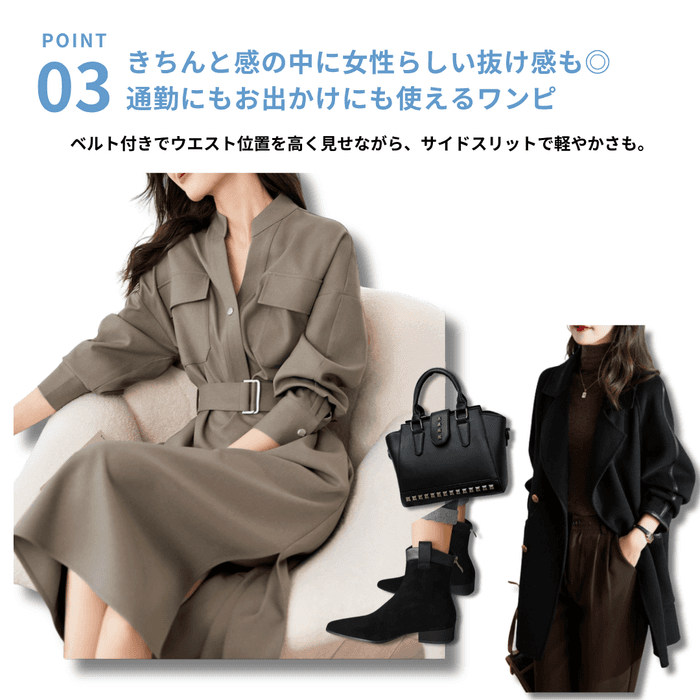 骨格ストレートバンドカラーサイドスリットワンピース