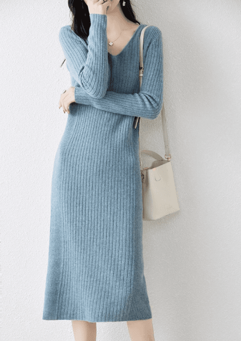 骨格ストレートVネックリブニットワンピース