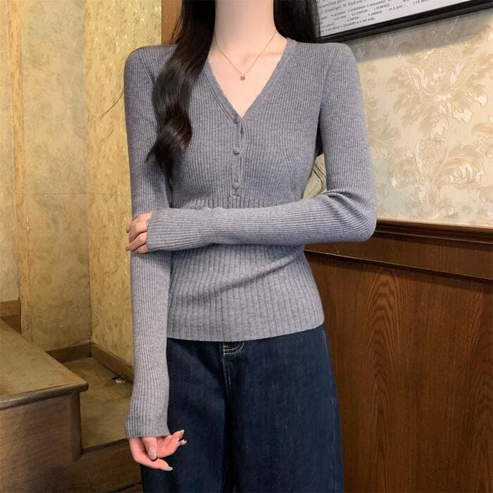 骨格ストレートVネックリブトップス