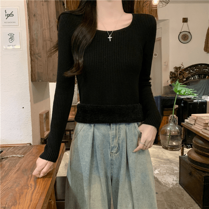 骨格ストレート裏起毛スクエアリブニットトップス