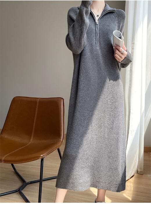 骨格ストレートジッパーネックIラインリブニットワンピース