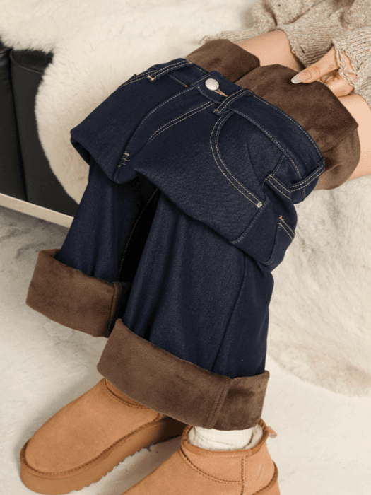 骨格ストレート裏起毛フレアデニムパンツ