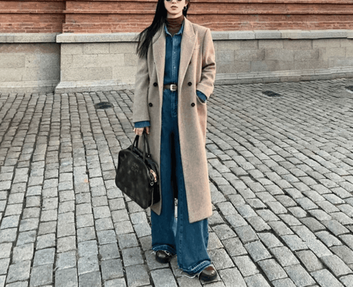 骨格ストレートラペルカラーダブルフロントロングコート