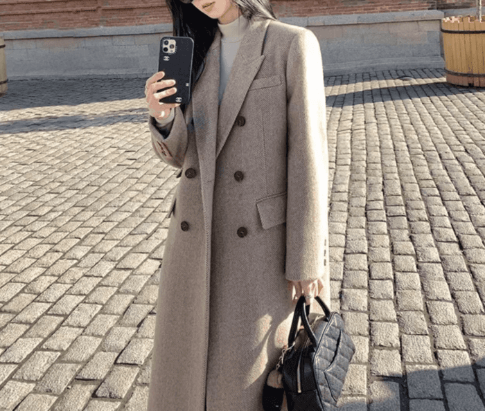 骨格ストレートラペルカラーダブルフロントロングコート