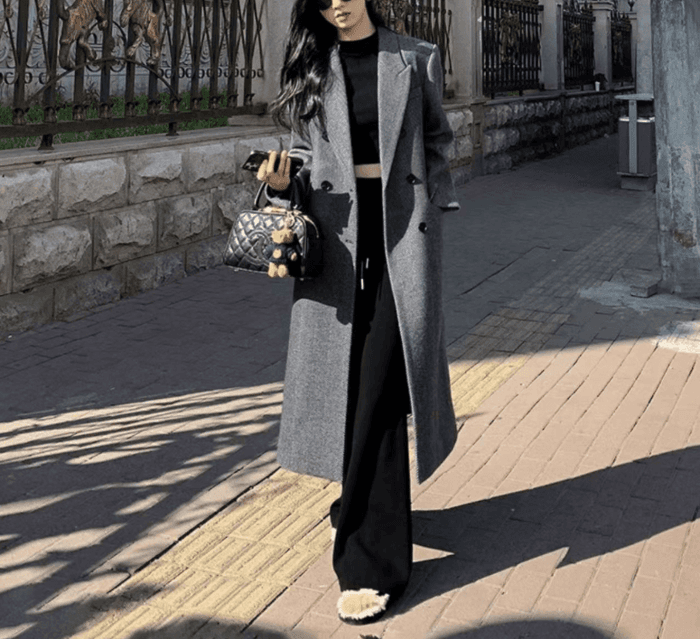 骨格ストレートラペルカラーダブルフロントロングコート