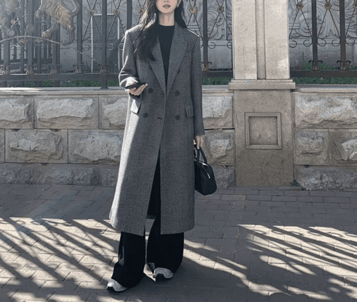 骨格ストレートラペルカラーダブルフロントロングコート