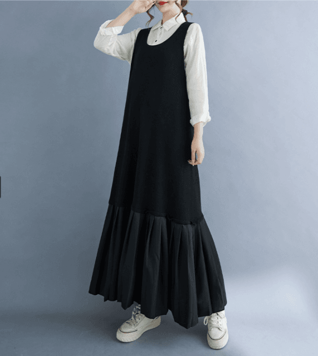骨格ストレートUネック裾プリーツニットワンピース