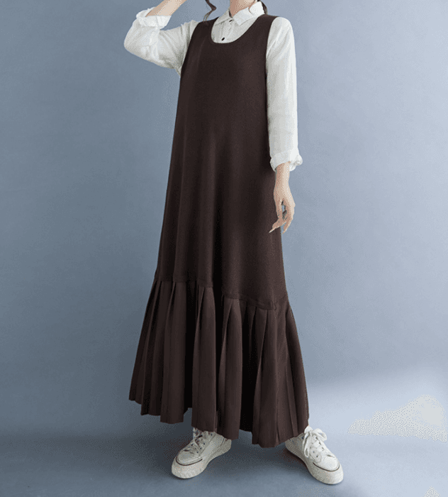 骨格ストレートUネック裾プリーツニットワンピース