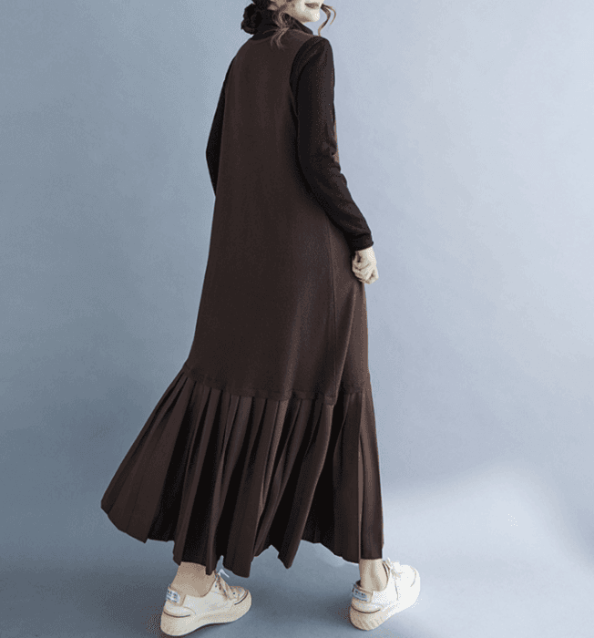 骨格ストレートUネック裾プリーツニットワンピース