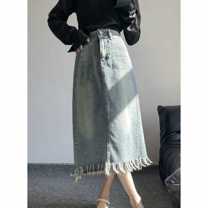 骨格ストレートカットオフデニムスカート