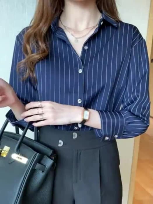 骨格ストレートストライプブラウストップス