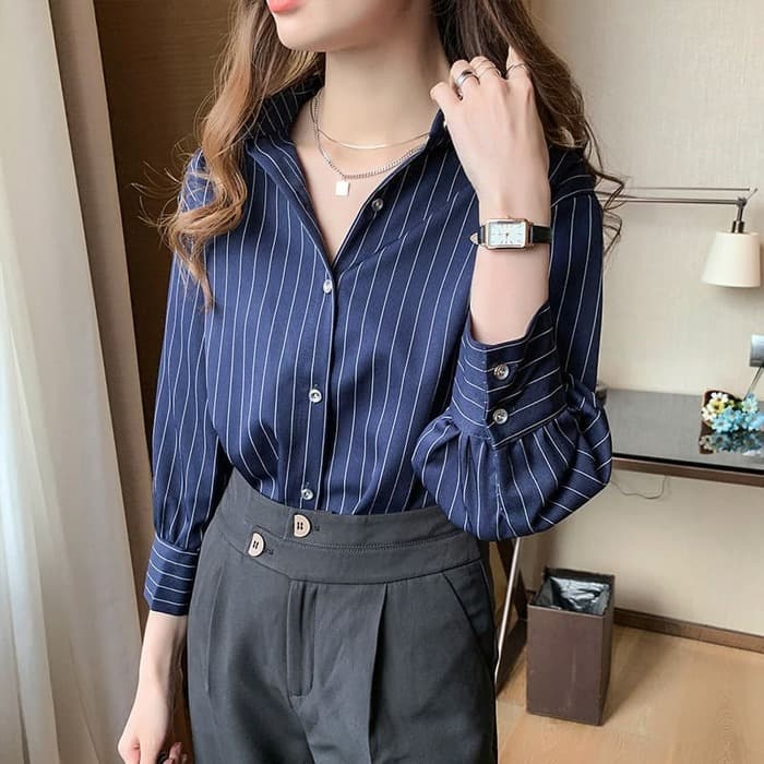 骨格ストレートストライプブラウストップス