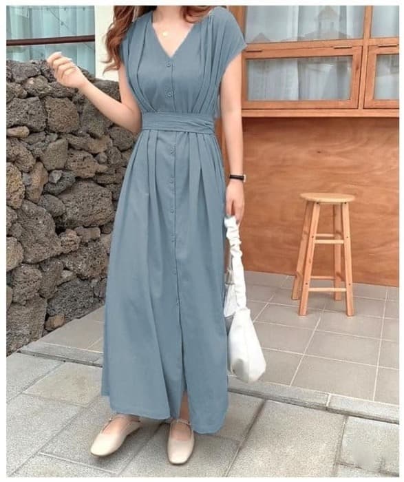 骨格ストレートVネックウエストマークワンピース