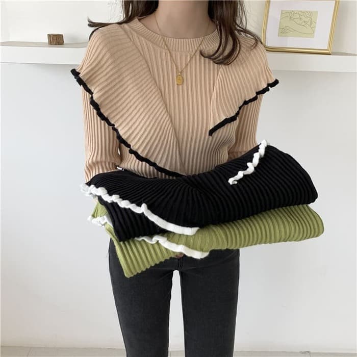 骨格ストレートダブルカラーフリルニットトップス