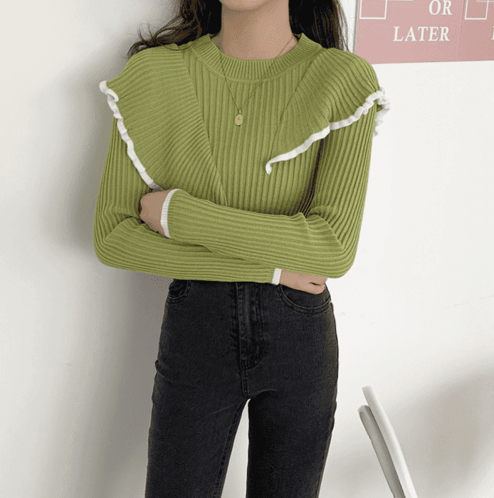 骨格ストレートダブルカラーフリルニットトップス