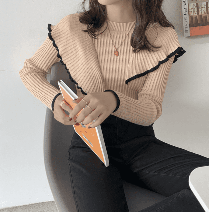 骨格ストレートダブルカラーフリルニットトップス