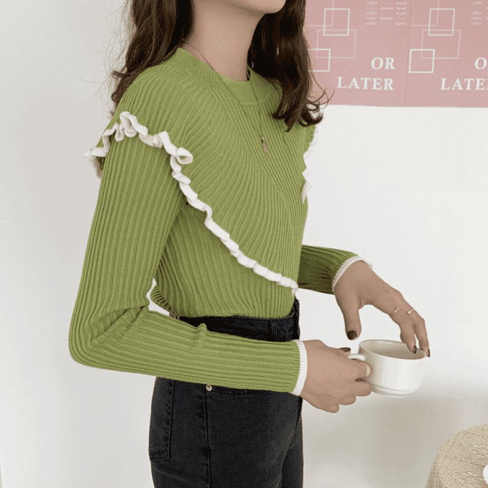 骨格ストレートダブルカラーフリルニットトップス