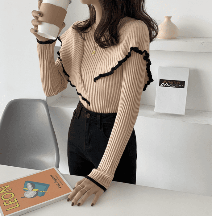 骨格ストレートダブルカラーフリルニットトップス