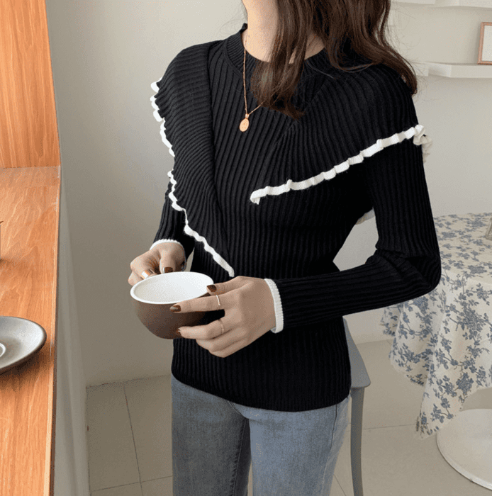 骨格ストレートダブルカラーフリルニットトップス