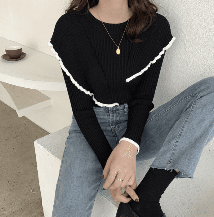 骨格ストレートダブルカラーフリルニットトップス