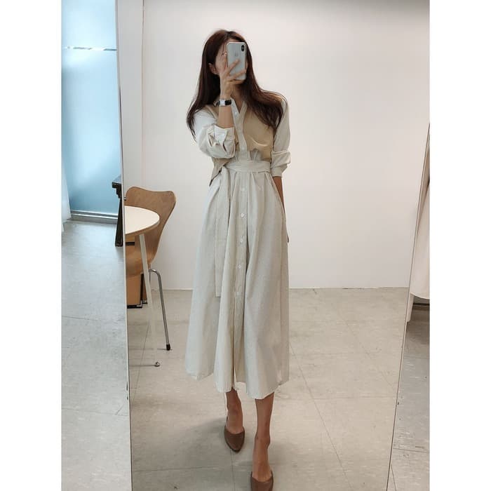 骨格ストレートレイヤード風ストライプシャツワンピース