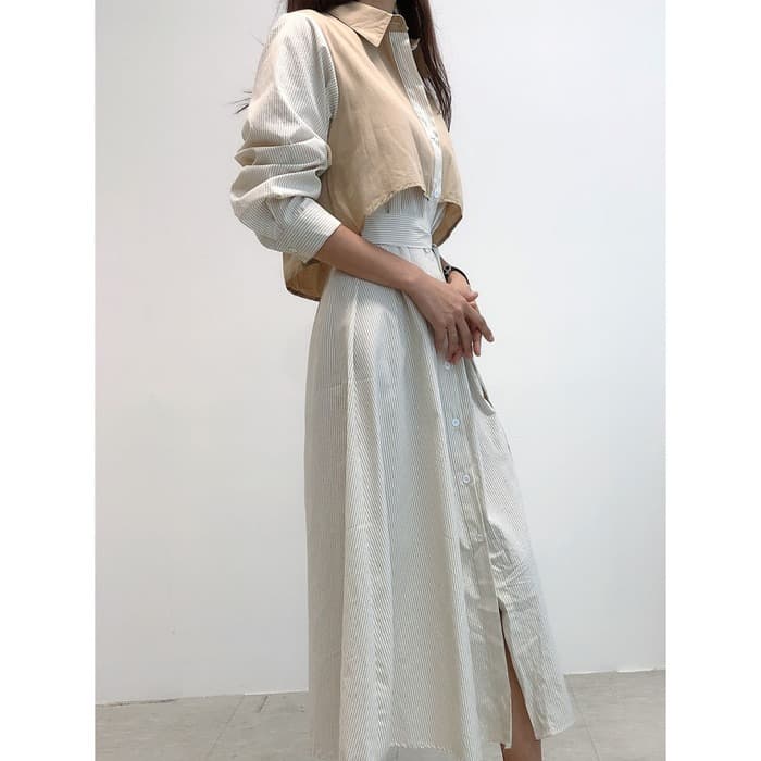 骨格ストレートレイヤード風ストライプシャツワンピース