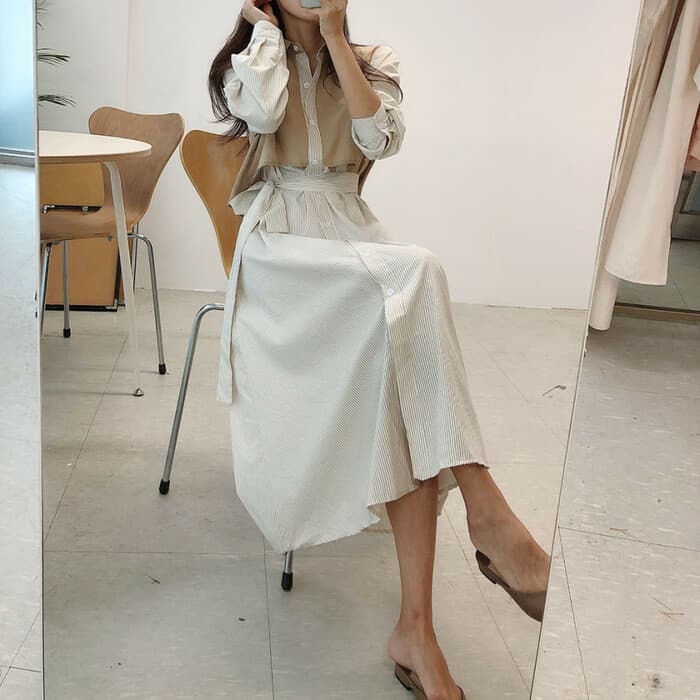 骨格ストレートレイヤード風ストライプシャツワンピース